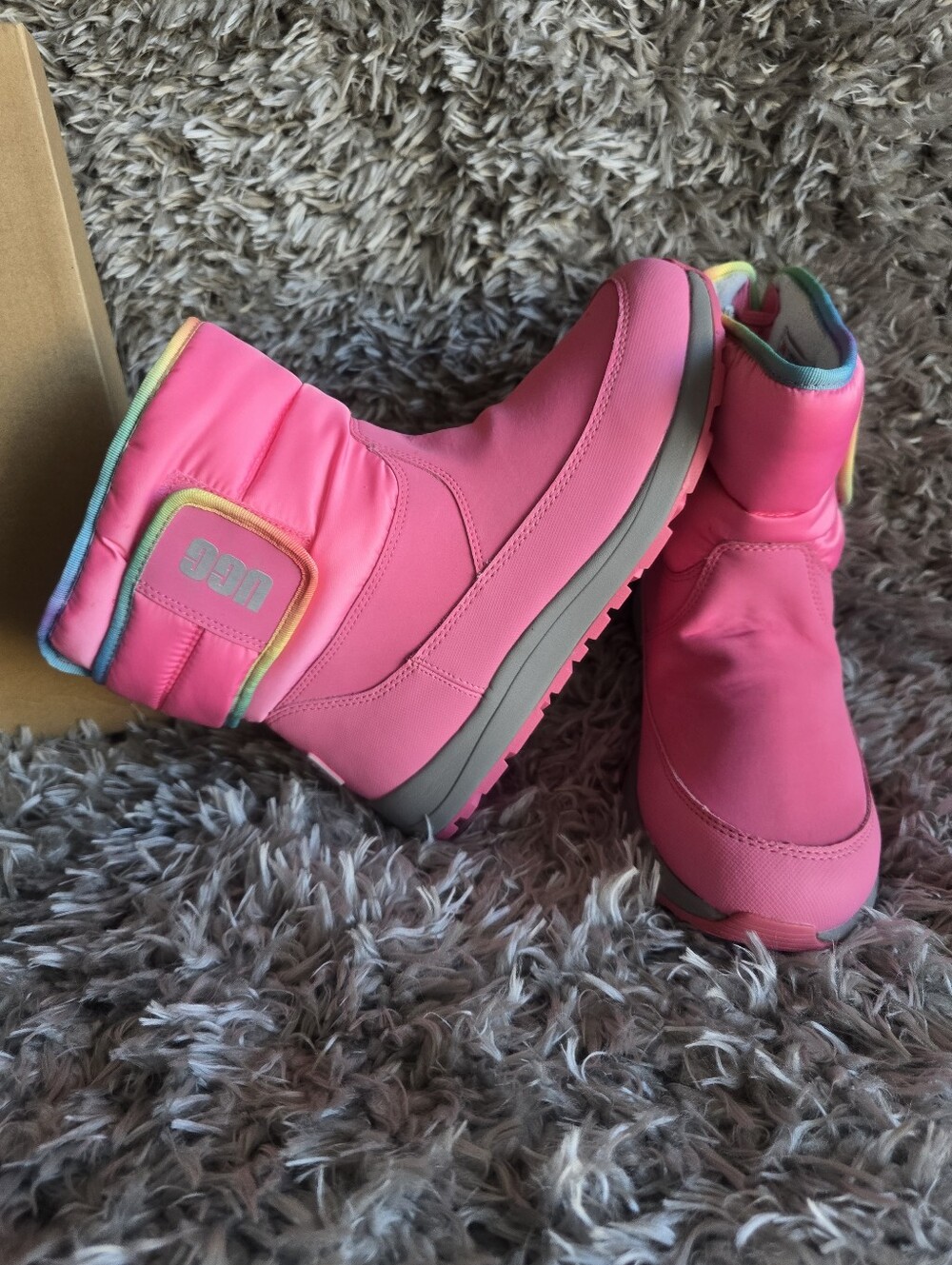 UGG Kids' Pink Puffer Boot with Rainbow Trim